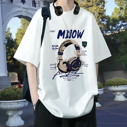 American-Style Heavyweight Pure Cotton Short-Sleeved T-Shirt for Men, Summer Loose Fit, Printed Hong Kong Style, Trendy Half-Sleeve Top for Teenagers and Students