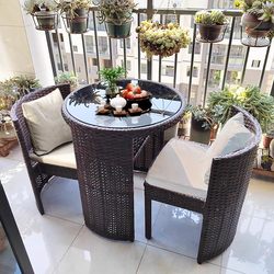 Balcony Tea Table and Chair Set for Home Use, Leisure Small Table and Chairs, Outdoor Rattan Chair Three-Piece Set, Stowable Coffee Table and Chair Set