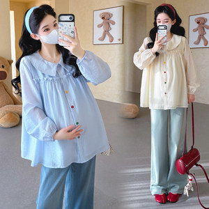 
Spring new maternity tops, spring maternity shirts, Korean style doll collar, fungus edge stitching, sweet baby doll tops