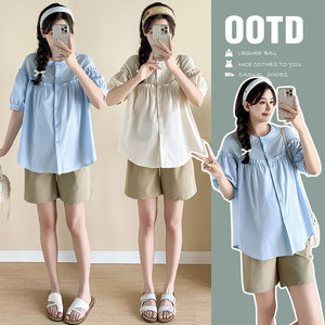 
New summer maternity suit, summer thin Korean style fungus-edged loose babydoll shirt, short-sleeved top, versatile