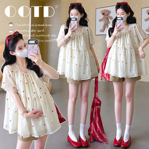 
Summer new large size maternity tops, fashionable summer Korean style pony embroidered loose belly-covering sweet baby doll tops