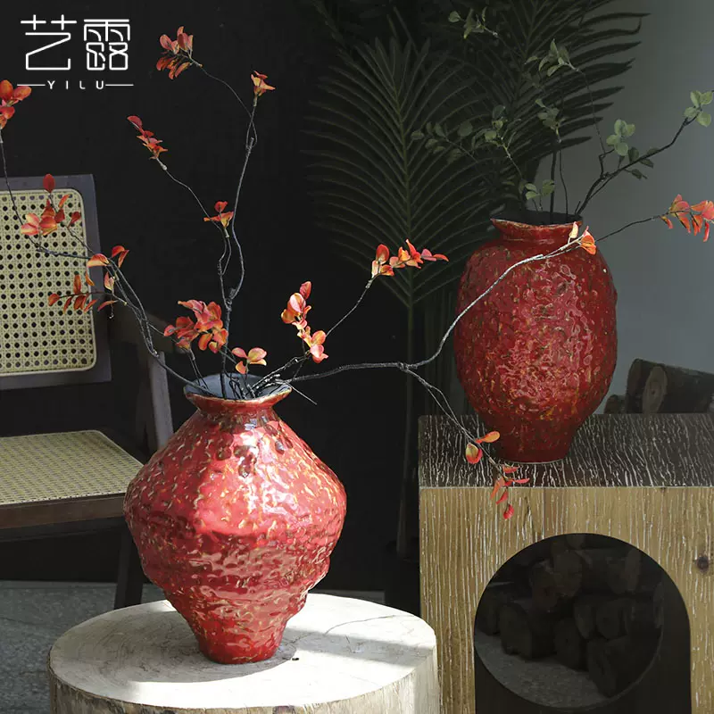 肌理陶瓷中国红色花瓶高级感手工陶罐新中式禅意水培鲜花花器装饰-Taobao