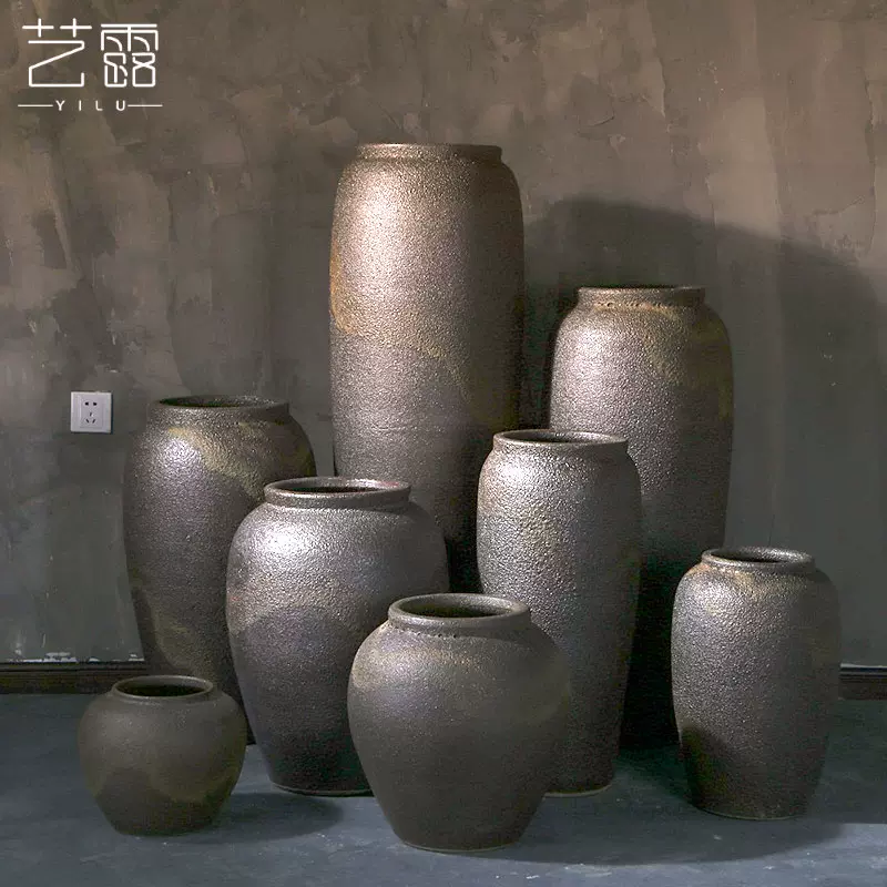 复古陶瓷花瓶客厅插花摆件大号落地陶罐粗陶干花装饰现代土陶花盆-Taobao