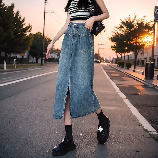 Internet celebrity niche pocket high waist denim slit skirt for women casual meat covering a character mid-length retro hip wrap skirt for women
