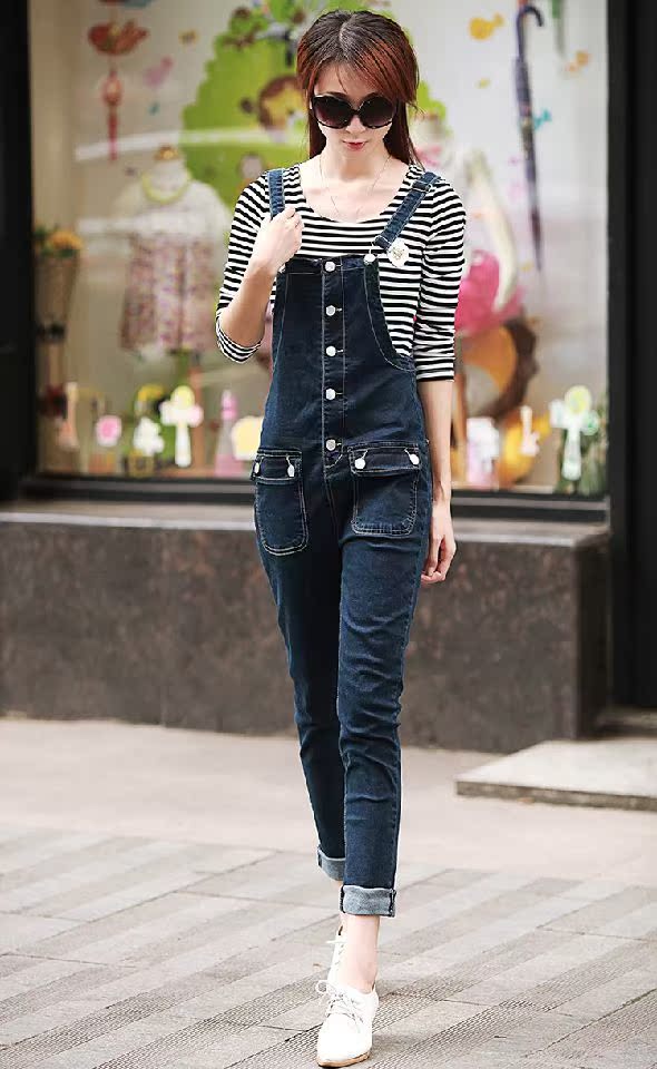 秋装新款修身显瘦牛仔背带裤女长裤 韩版小脚连体裤弹力牛仔裤潮