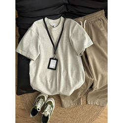 American-Style Stiff Heavy Floral Gray T-Shirt for Men, Summer Cleanfit Cotton Short-Sleeve for Commuting and Layering