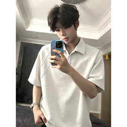 White Floral Gray American-Style Lapel Short-Sleeve Polo Shirt for Men, Summer Boxy Fit T-Shirt with a High-End Feel, Half-Sleeve Inner Layer