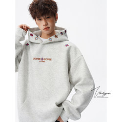 V37 American-Style Embroidered Hooded Pullover Sweatshirt for Men, Spring Trendy Brand Cleanfit Sand-Washed Fleece-Lined Jacket