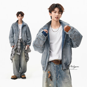 
V37 American high street retro deconstruction inverted split stand collar denim jacket men's autumn old loose zipper jacket
