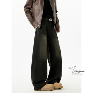 
V37 American retro whiskered washed distressed jeans for men with spring design cleanfit loose long pants