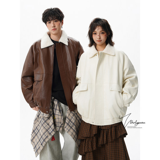 
V37 couple style lapel leather cotton coat winter lamb wool coat men's American high street vibe pilot cotton coat