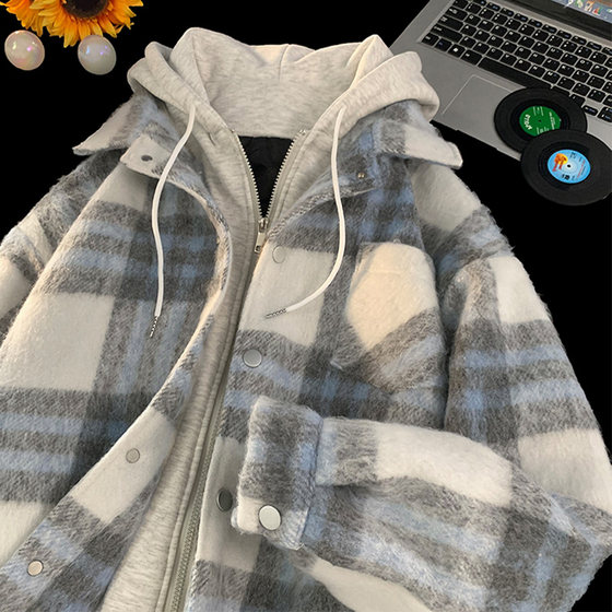 
V37 American fashion brand fake two-piece contrasting plaid cotton coat men's winter small fragrance couple hooded cotton coat jacket