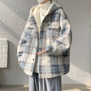 
V37 American lazy style contrasting plaid woolen cotton-padded jacket for men in winter trendy brand plus velvet and thickened couple's cotton-padded jacket