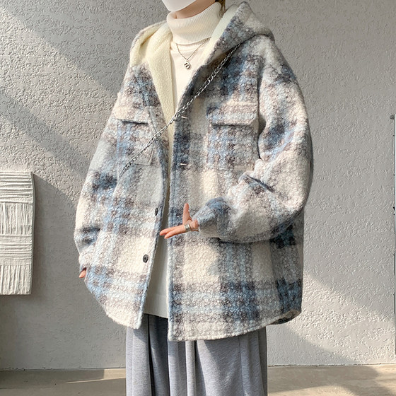 
V37 American lazy style contrasting plaid woolen cotton-padded jacket for men in winter trendy brand plus velvet and thickened couple's cotton-padded jacket