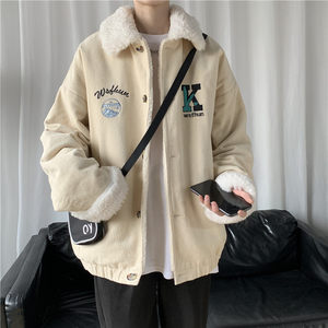 Lamb corduroy jacket for men's 2021 winter cotton jacket Instagram trendy couple loose plush and thick jacket