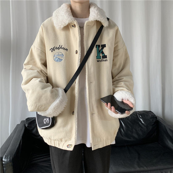 Lamb corduroy jacket for men's 2021 winter cotton jacket Instagram trendy couple loose plush and thick jacket