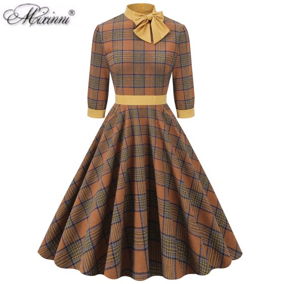 
European and American retro Hepburn temperament plaid style high waist slim mid-length and seven-quarter sleeve women's big sport dress autumn
