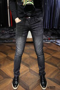 Milan Station Autumn and Winter Dark Skeleton Show Simple Mainstream Black and Gray Water Wash Elastic Slim Feet Jeans Men
