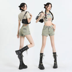 American Retro Yellow Mud-Colored Denim Shorts for Women, New Summer High-Waisted Elastic Slimming Hot Girl A-Line Body-Hugging Hot Pants