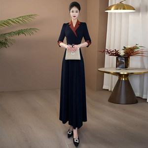 
Blue splicing dress women's summer style 2026 waist-cinching temperament slim lapel high-end atmospheric long skirt with big swing 333