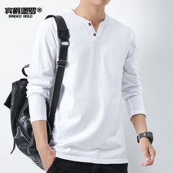 2025 Autumn Pure Cotton Button-Down Long-Sleeve T-Shirt for Men, Korean Style V-Neck Loose Base Shirt, Trendy Top