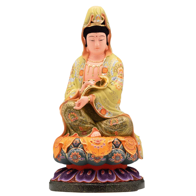 實木香樟木佛像如意觀音神像木雕觀音菩薩家用坐蓮觀音佛像古彩色-Taobao