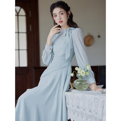 2026 New Spring and Autumn Tea Break Style French Exquisite Chiffon Blue Soft Wind Dress, Elegant Waist-Cinching Slimming Long Dress