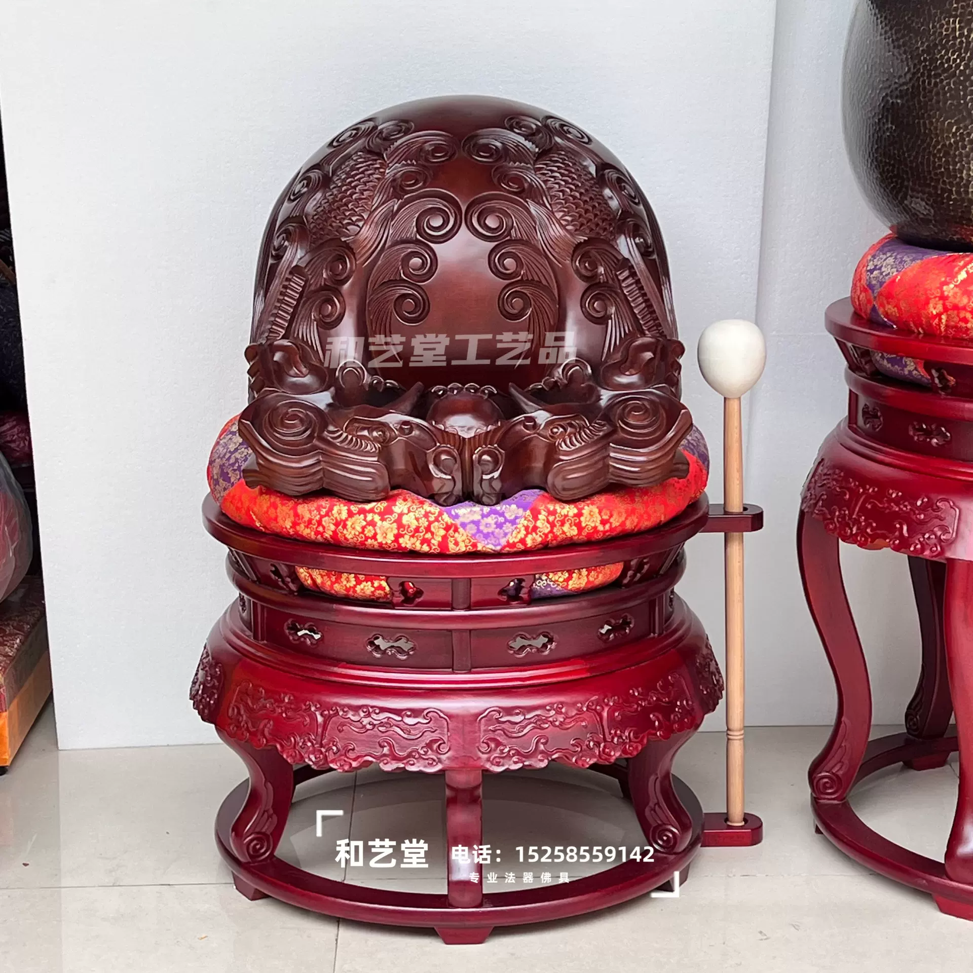 寺院大殿法器桂兰木木鱼手打青铜罄配红木架整套大木鱼大庆