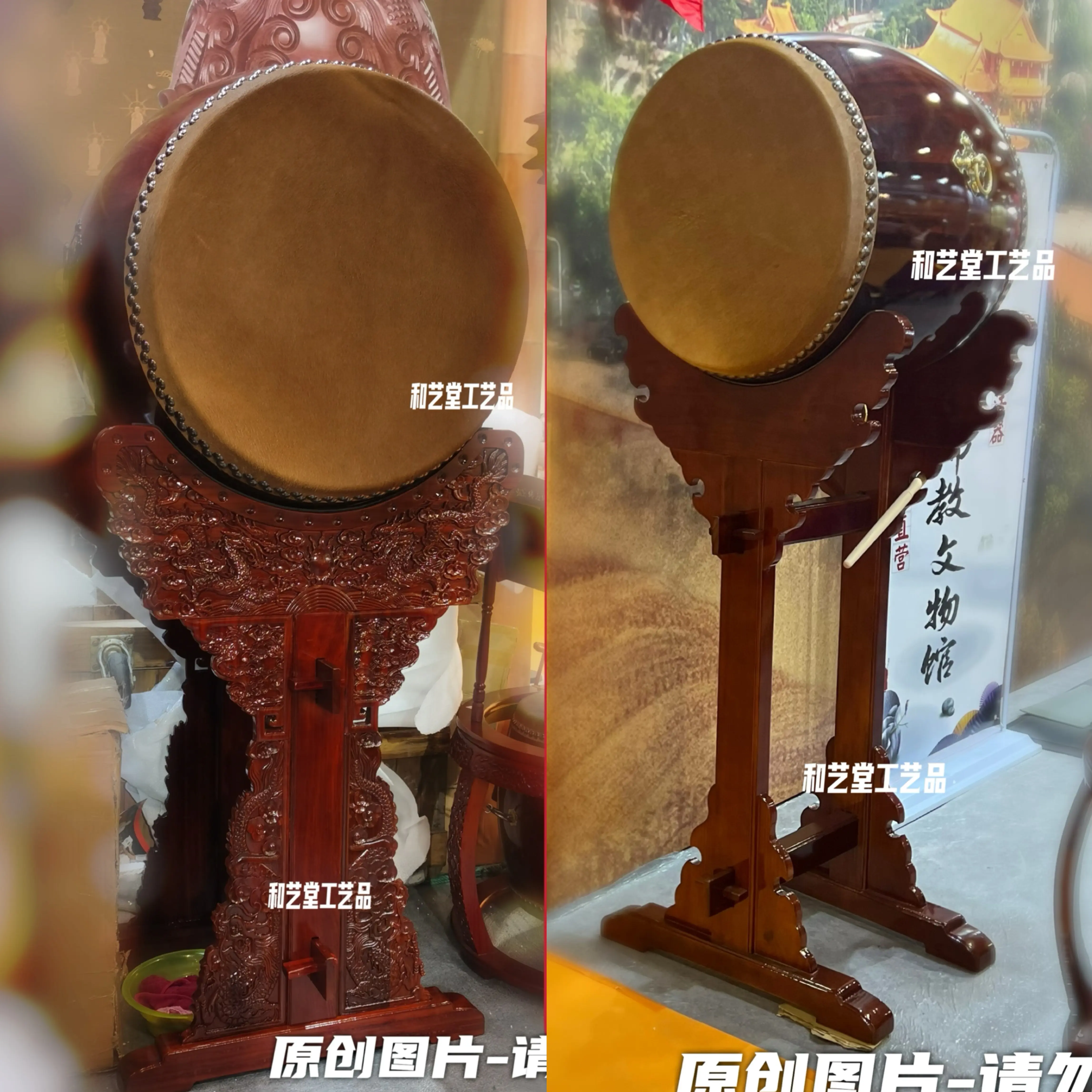 铃鼓法器台湾牛皮鼓吊钟雕刻鼓架地钟鼓毛皮鼓宝钟鼓寺院钟鼓龙头