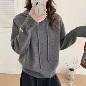 
2025 new autumn and winter short long-sleeved knitted hooded sweater Korean style small fashion versatile hoodie for women
