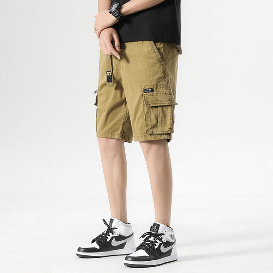 
Work style multi-pocket shorts men's summer loose straight-leg five-quarter pants casual versatile khaki solid color overalls