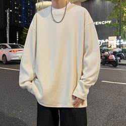 Solid Color Round Neck Thermal Base Layer Shirt for Men, Autumn and Winter American Style Trendy Loose Long-Sleeve T-Shirt, Casual Inner Wear Top