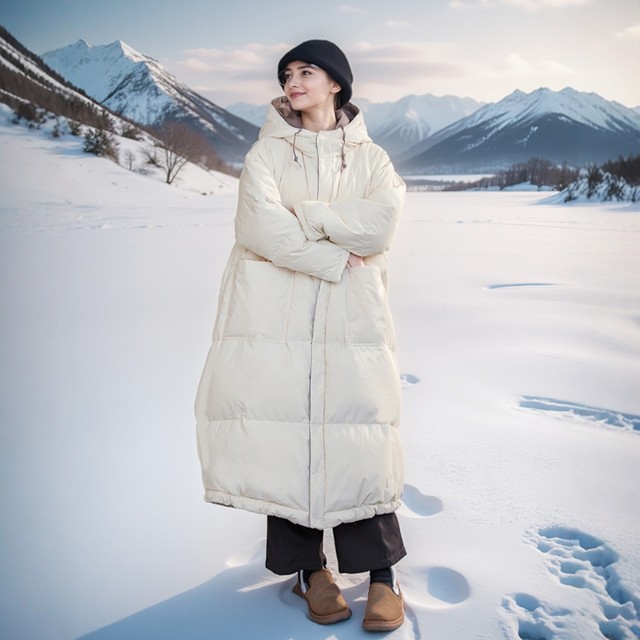 All-match cotton and casual minimalist style 95 white goose-velvet hooded down jacket White long large-size drawstring jacket