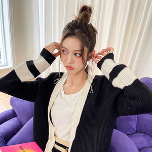 CAN autumn new French slim cardigan sweater jacket elegant mid length contrasting knit top