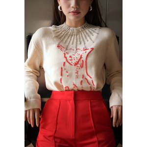 CAN autumn new heavy worker hot drill strip with a small fox embroidered pullover, sweater women's collar women's clothing accessories
