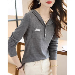 Fashionable and Versatile Casual Hooded Sweatshirt for Women 2024 Autumn Slim Fit Thin Knit Base Shirt Long Sleeve Top