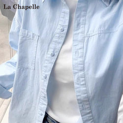 La Chapelle Light Blue Pure Cotton Shirt for Women, Spring and Autumn Thin Style, Flattering, Layered Wear, Long-Sleeve, Loose Fit, Versatile Shirt