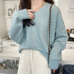 Gentle style soft glutinous v-neck sweater for women in autumn and winter new large size fat girl retro loose slim sweater top
