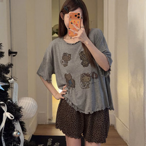 甜美风卡通夏季莫代尔豹纹猫睡衣女短袖带胸垫柔软家居服两件套