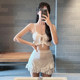 White suspender high waist skirt bikini swimsuit for women three-piece Korean ins small breasts gathered sexy hot spring