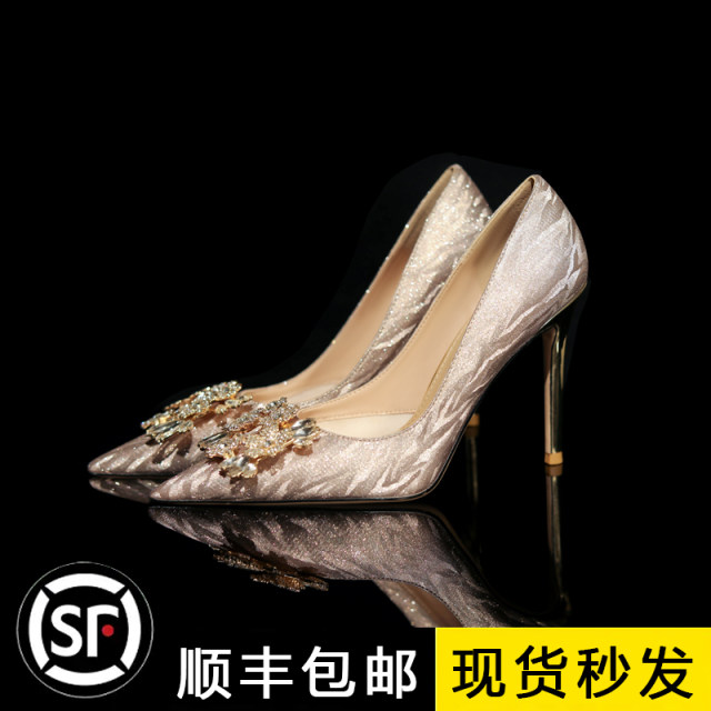 Wedding shoes for women 2025 new main wedding dress bride shoes sequins champagne crystal shoes pointed toe slim heels high heels for women