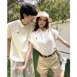 Old Money Style Simple Polo Collar Embroidered Shirt for Men and Women, Couple's Outfit, Summer 2026, Loose Fit, Versatile, Regular Shoulder Shirt Set