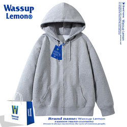 Wassup Lemon Hooded Cardigan Oversize Sweatshirt for Men and Women, Solid Color Trendy Brand Fleece-Lined Thick Casual Jacket
