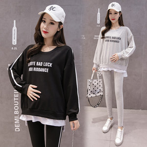 
Real shot of pregnant women's suit autumn and winter thin style casual outer wear for pregnant women with letters long-sleeved sweatshirt two-piece suit with leggings