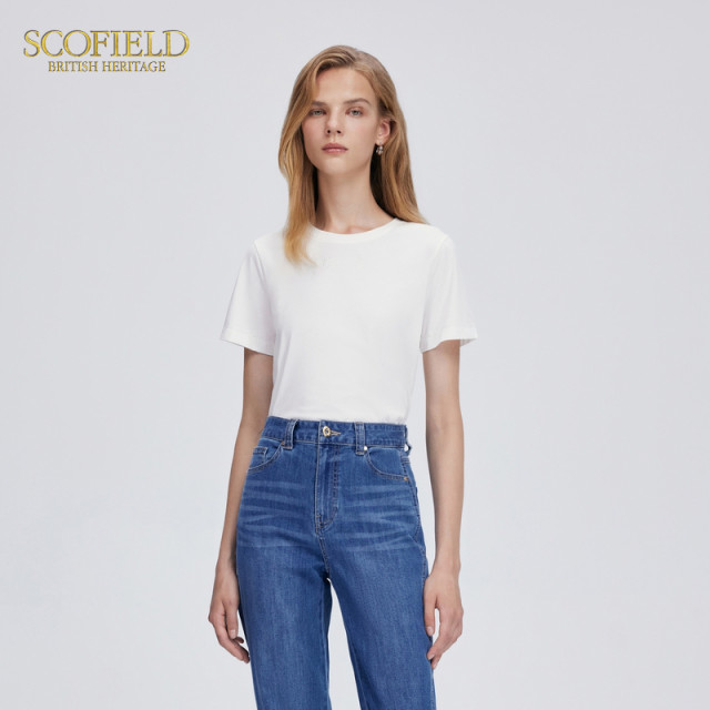 Scofield women's simple round neck short-sleeved T-shirt white loose commuting top summer short-sleeved T-shirt