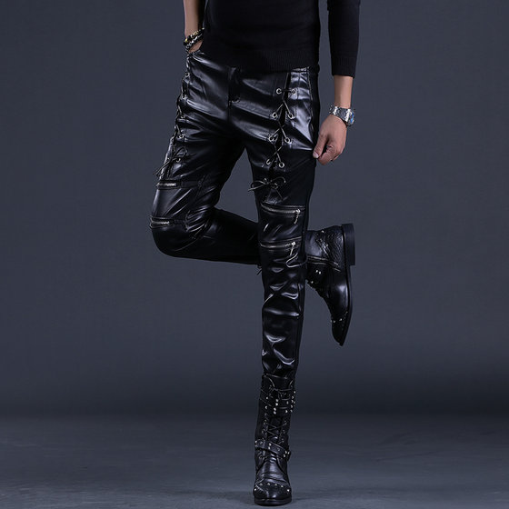 Winter new men's leather pants stage singer slim pants Knight takeaway rider plus waterproof and cold -proof pants