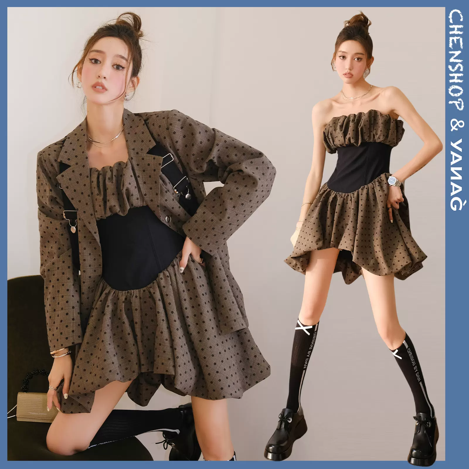 Chenshop设计师yanag气质小众夜行花系列绑带宽松款西装连衣裙