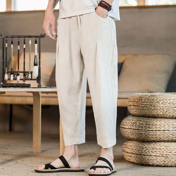
2026 Summer New Men's Clothing Cotton and Linen Chinese Style Linen Loose Casual Pants Nine Points Small Leg Pants Large Size