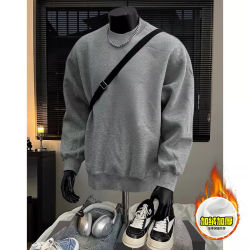 Men's velvet thickening stiff short round neck sweatshirt American high street loose silhouette pullover hoodless gray solid color