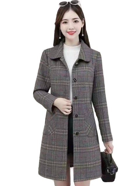 Woolen Spring Coat This year's popular large -size plaid woolen woolen trench coat female ...